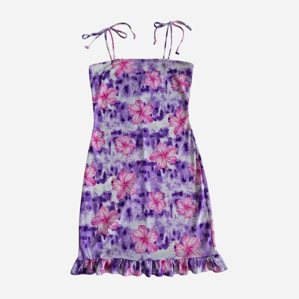 VTG y2k, 2000s floral mini summer dress w/ pink, purple Hawaiian print